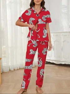 Women's Sleepwear Pajama Set, Tiger Animal Print, Elegant Casual, Comfortable Lapel Short Sleeve Top & Wide Leg Pants, Holiday Party Wear