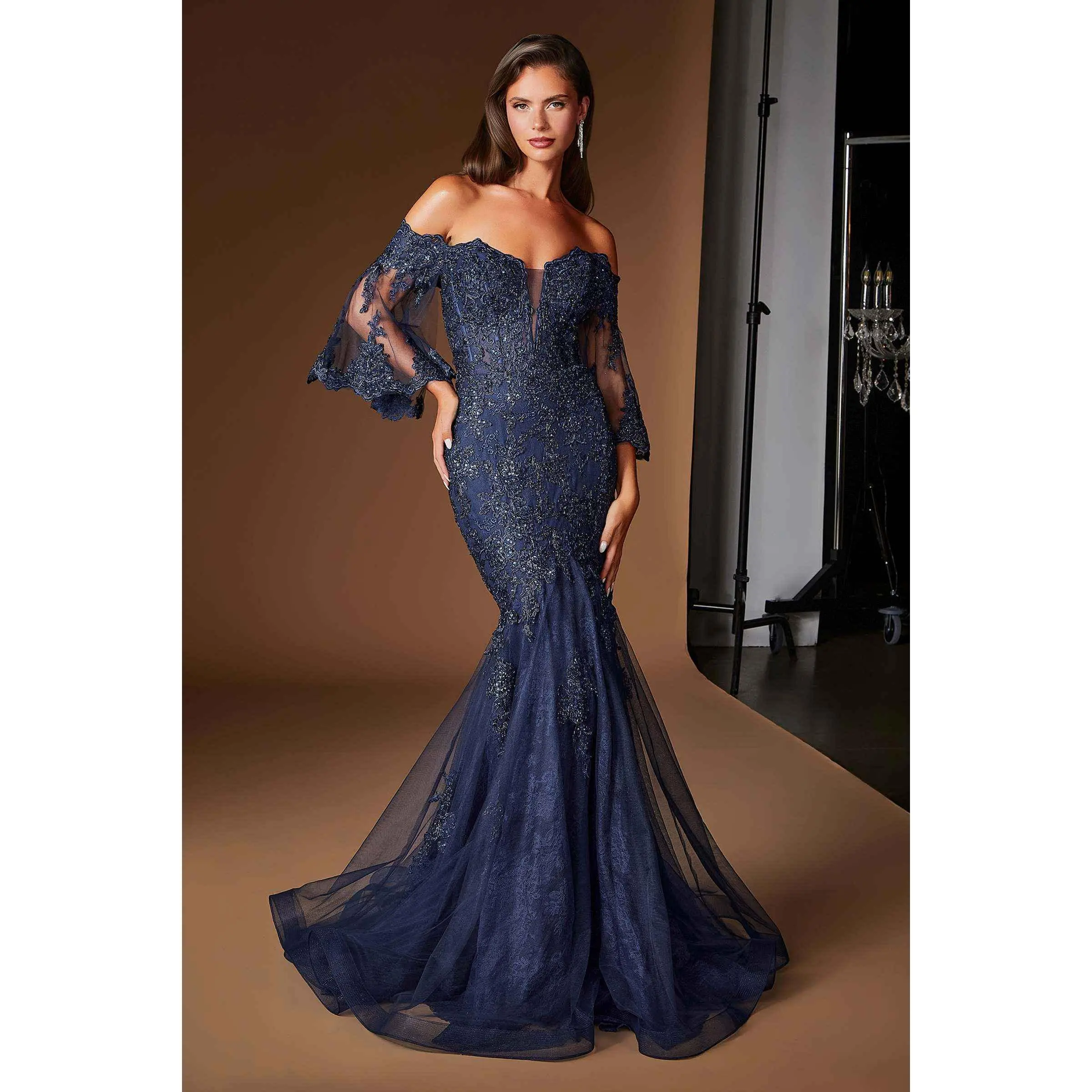 Ladivine CD659 Off the Shoulder Bell Sleeves Fitted Mermaid Gown, Corset, Fabric