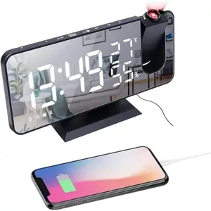 Projection  Clock for Bedroom Ceiling Digital Clock Radio with USB Charger Ports 180? Rotatable Projector, 12/24H,Snooze,Dual Loud  Clock (Black)