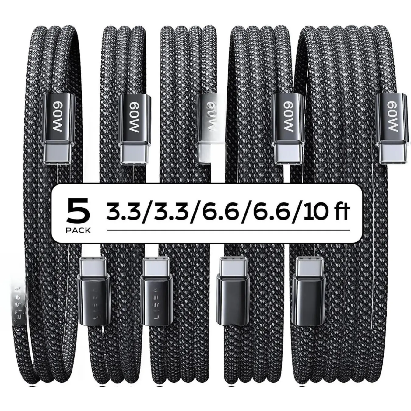USB C Cable 5-Pack 3.3/3.3/6.6/6.6/10FT 60W Fast Charging for iPhone 17, Samsung Z Flip 7, iPad, MacBook, Versatile Compatibility, Sustainable Design Charger Cord