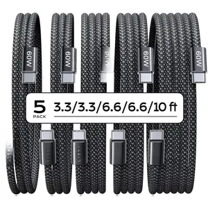 USB C Cable 5-Pack 3.3/3.3/6.6/6.6/10FT 60W Fast Charging for iPhone 17, Samsung Z Flip 7, iPad, MacBook, Versatile Compatibility, Sustainable Design Charger Cord