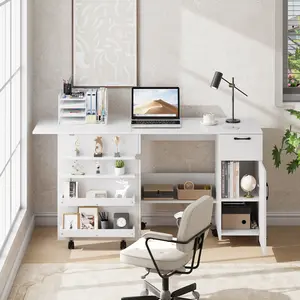 Folding Entryway Storage Cabinet, Sewing Machine Table with Sliding Drawer and Cabinet, Multipurpose Craft Station with Lockable Wheels and Adjustable Shelves for Home