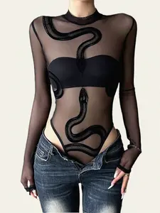 Women's Solid Color Faux Fur Snake Print Mesh Long Sleeve High Neck Jumpsuit, Street Style Vintage Fashion for All Seasons Cutout Bodysuit
