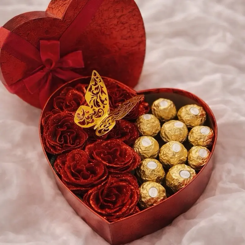 Thelis Luxury Eternal Flower Box with Red Roses and Gold Ferrero Rocher Chocolates in Heart Shape Packaging