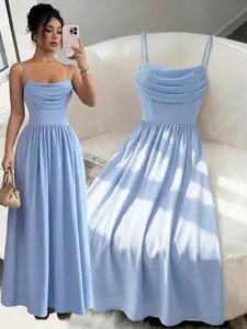 Lady's Formal Evening Polyester Chiffon Dress - Spaghetti Sleeve, Waist-Cinched, Flowing, Casual Fabric, Zipper Closure - For Wedding Guests, Bridesmaids