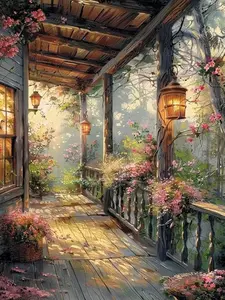 5D Flower Porch Diamond Painting Kit, Full Square Drill Floral Lantern Art for Home Wall Decor