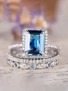 3PC/Set Silver Blue Square Zircon Rings For Women Engagement Wedding Rings Ladies Jewelry for Party Daily Clothing as Anniversary Valentine's Day Gift, Jewelry Gifts