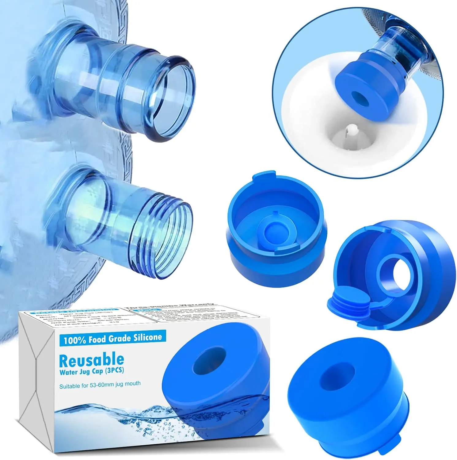 Reusable 3 & 5 Gallon Water Jug Cap 3 Pack Silicone Replacement Bottle Lid Food Grade BPA Free | 55mm | 5 gal | Dispenser | Standard Screw Crown Tops | Easy to Clean | Non-Spill | Leak Free