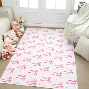 Vintage Floral Short Pile Rug with Non-Slip Backing, Light Bow Print Area Carpet, and Easy to Fold for Living Room Decor, Decorative Rug Mat