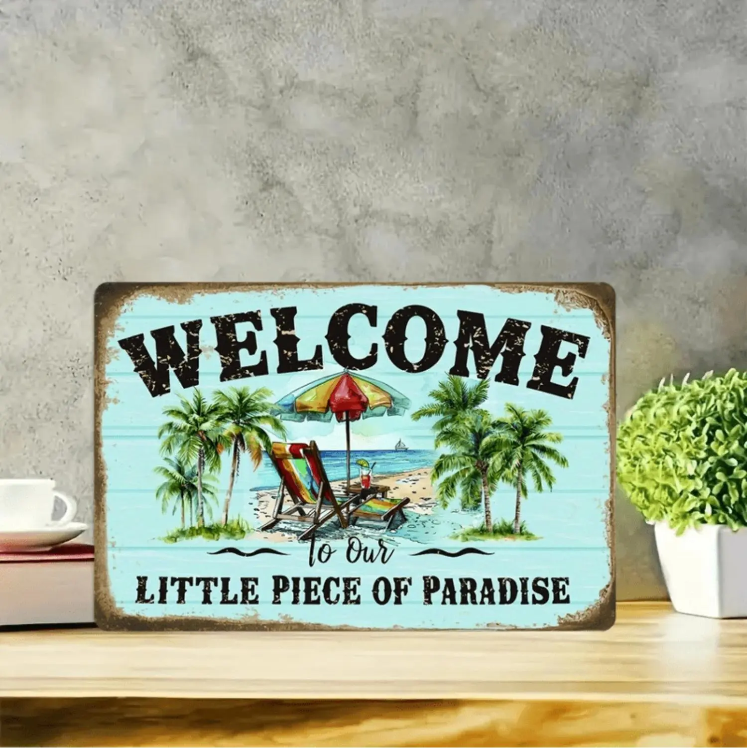 [1pc Rustic Metal Sign] Rustic Metal Wall Sign - 1pc Welcome to Our Little Piece of Paradise | Vintage Beach & Palm Tree Decor, Tropical Home Decor, Coastal Home Decor, Farmhouse Wall Art