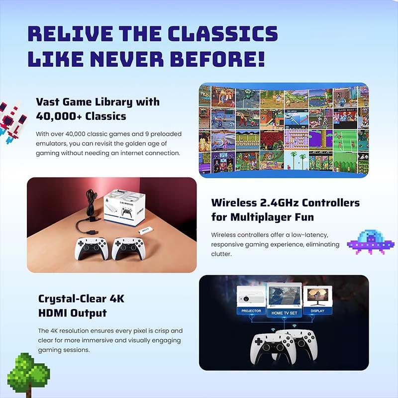 2.0 Upgraded Retro Game Console  19 Emulators 2 Wireless Controllers 4K Output & 12GB SD Card Perfect for Kids & Adults - Portable Gaming System.