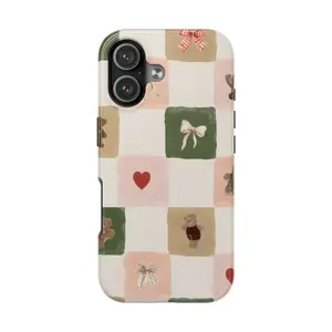 Vintage Teddy Bear Patchwork Cozy Cottagecore Quilt Pattern Bows Heart Rustic Art Trendy Tough Phone Case. Sweet Earthy Tone Aesthetic Heavy Duty Shockproof Protective Smartphone Cover for iPhone 17 Pro Max 16 Air 15 14 13 12 11.