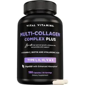 Multi Collagen Complex Capsules, Type I II III V X with Biotin, Hyaluronic Acid and Vitamin C, 150 Capsules, Supports Hair, Skin, Nails and Joint Health for Women and Men