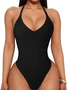 Women's Sexy Sleeveless Spaghetti Strap Ribbed V Neck Racerback One Piece Bodysuit Top