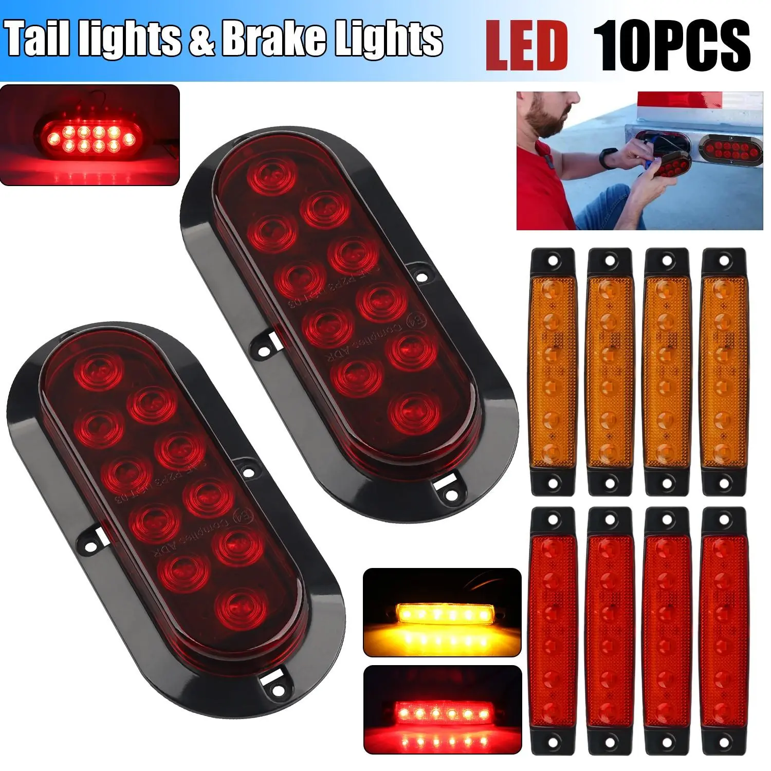 DIY Truck Mods 10Pcs Trailer LED Light Kit Submersible Red Tail Amber Side Markers DOT Approved 12V IP67 RV Boat Towing Road Trip Essentials