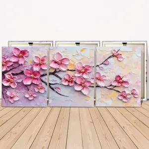 3 Counts Wooden Framed Canvas Painting, Pink Cherry Blossom Branch Images, Exquisite Poster, Perfect Living Room Decoration, Modern Art, Fashion Family Poster, Wall Art Decoration, Waterproof Art