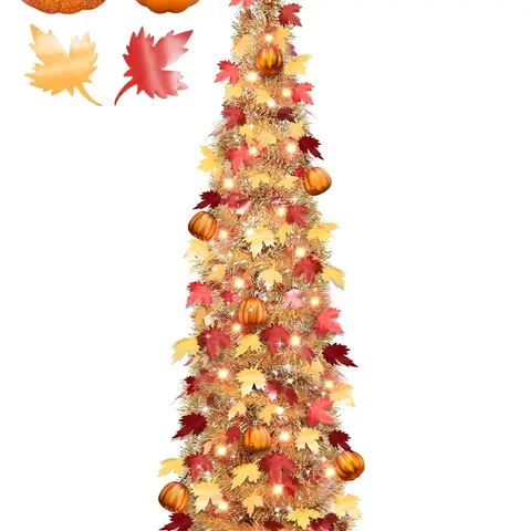 TURNMEON 5 FT Shiny Waterproof Pop-Up Tinsel Maple Leaf Tree, 50 Warm White Lights & Orange Pumpkin Ornaments, Battery-Operated Festive Home Decoration for Harvest Thanksgiving Indoor Use