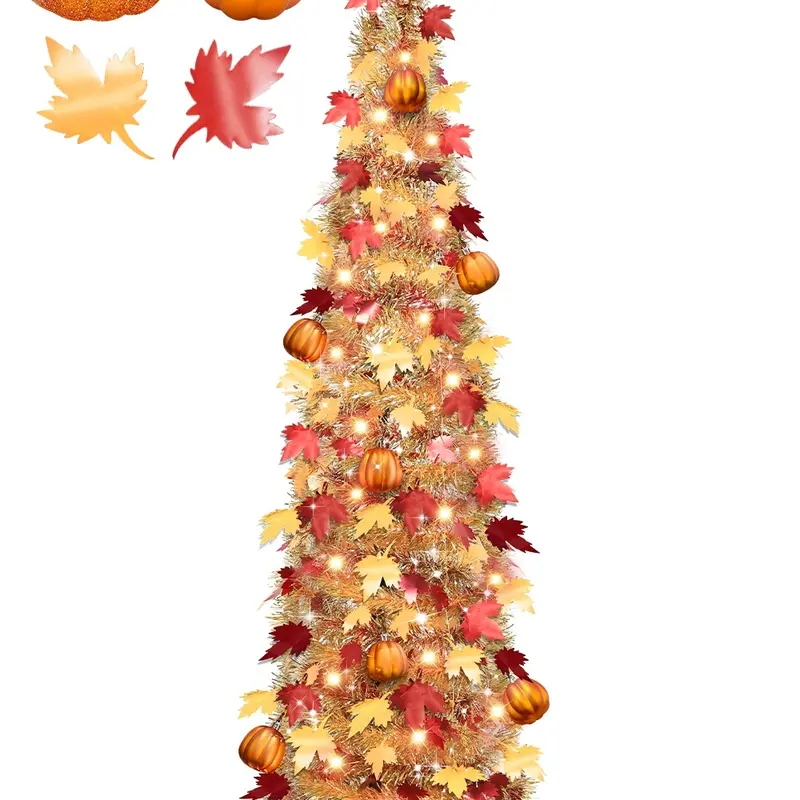 TURNMEON 5 FT Shiny Waterproof Pop-Up Tinsel Maple Leaf Tree, 50 Warm White Lights & Orange Pumpkin Ornaments, Battery-Operated Festive Home Decoration for Harvest Thanksgiving Indoor Use