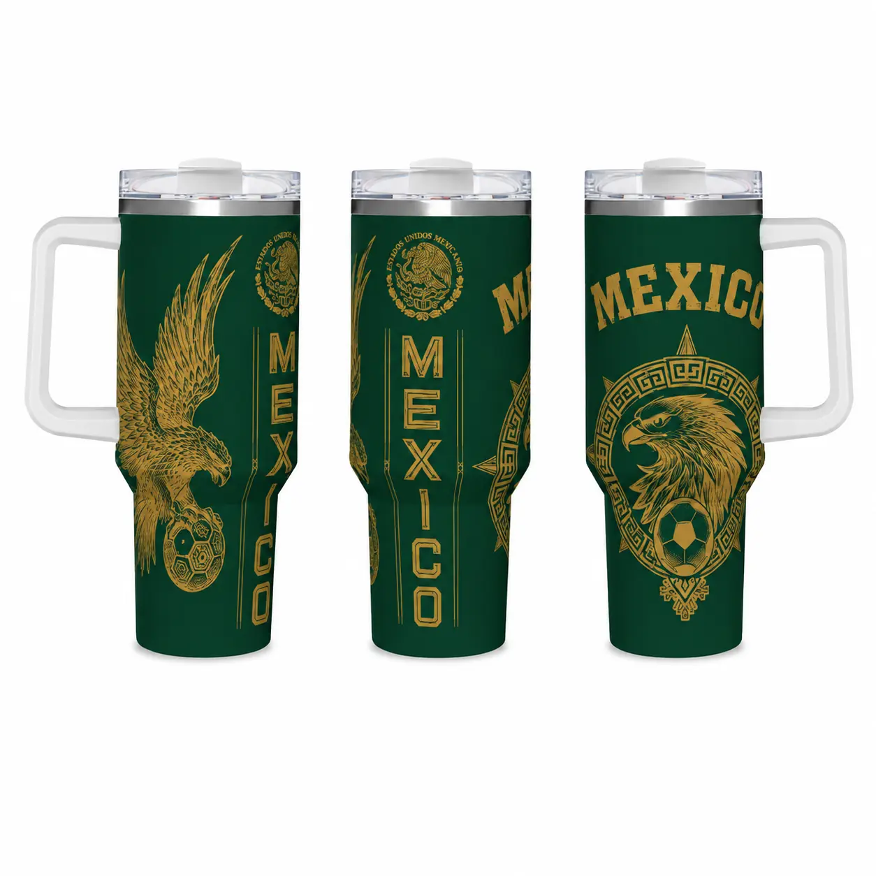 40oz Portable Insulated Stainless Steel Water Bottle Tumbler, Mexico National Eagle Coat of Arms Soccer Full-Wrap Gold Print, Double-Wall Vacuum for Hot & Cold Drinks, Spill-Resistant Lid, Car Cup Holder Friendly, Water Bottles, Beverage, 1,000-2,000 Ml,