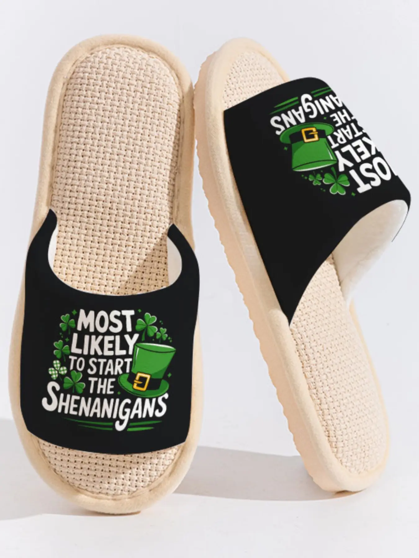 Leprechaun Hat & Shamrock Funny Slogan Print | Humorous & Playful Style 1 Pair Cloud-Feeling Linen Breathable Non-Slip Soft Sole Home Slippers For St. Patrick's Day Party Enthusiasts (Spring Summer Indoor Outdoor)