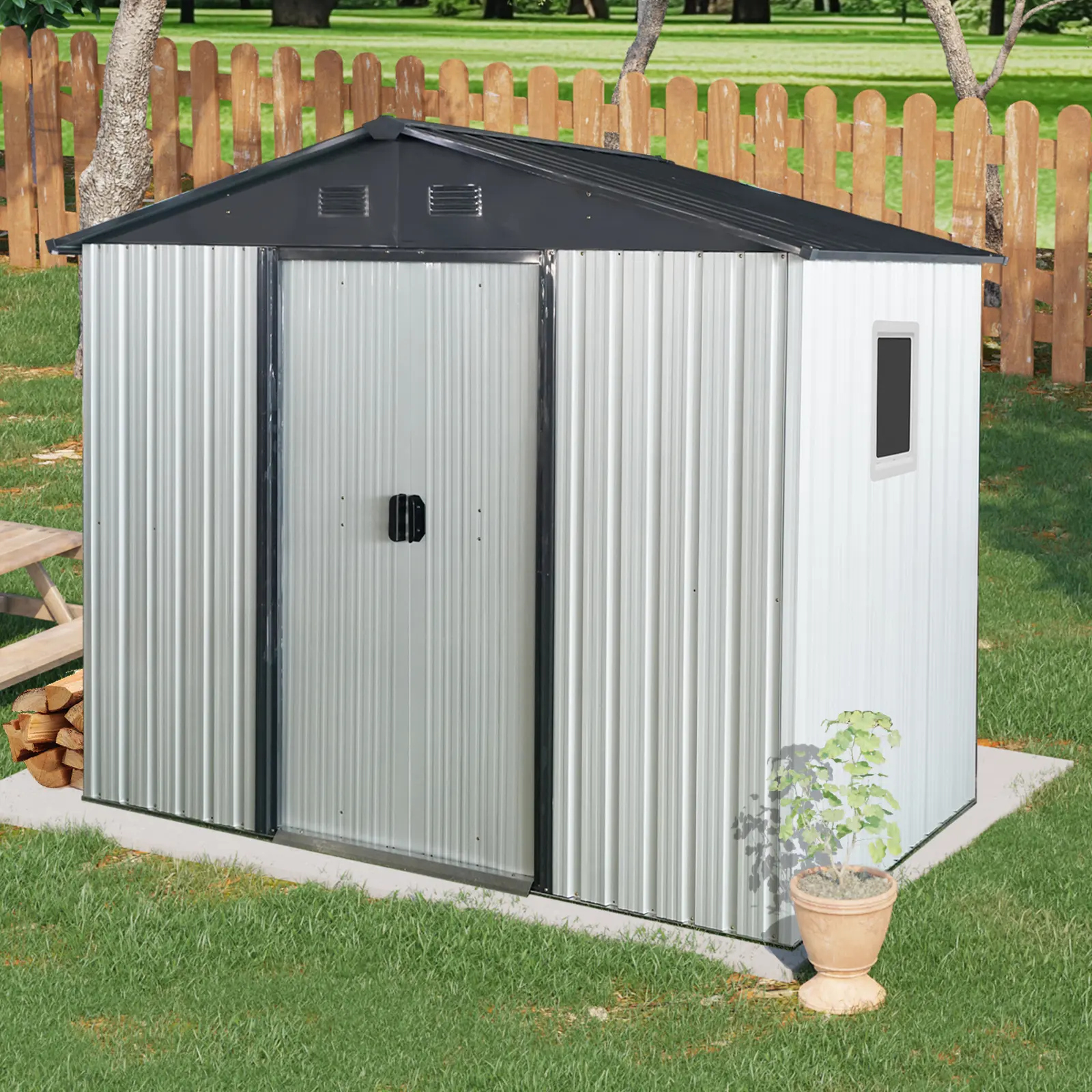 Metal Storage Shed with Sliding Door and Window, 8x4 FT Outdoor Garden Tool House, White and Black