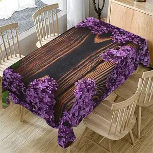 Rectangular Tablecloth with Wooden Texture Print, Spring Summer Lilac Flower Pattern, Home Kitchen Living Room Decor, Picnic Table Cover, Party Outdoor Camping Picnic Cloth
