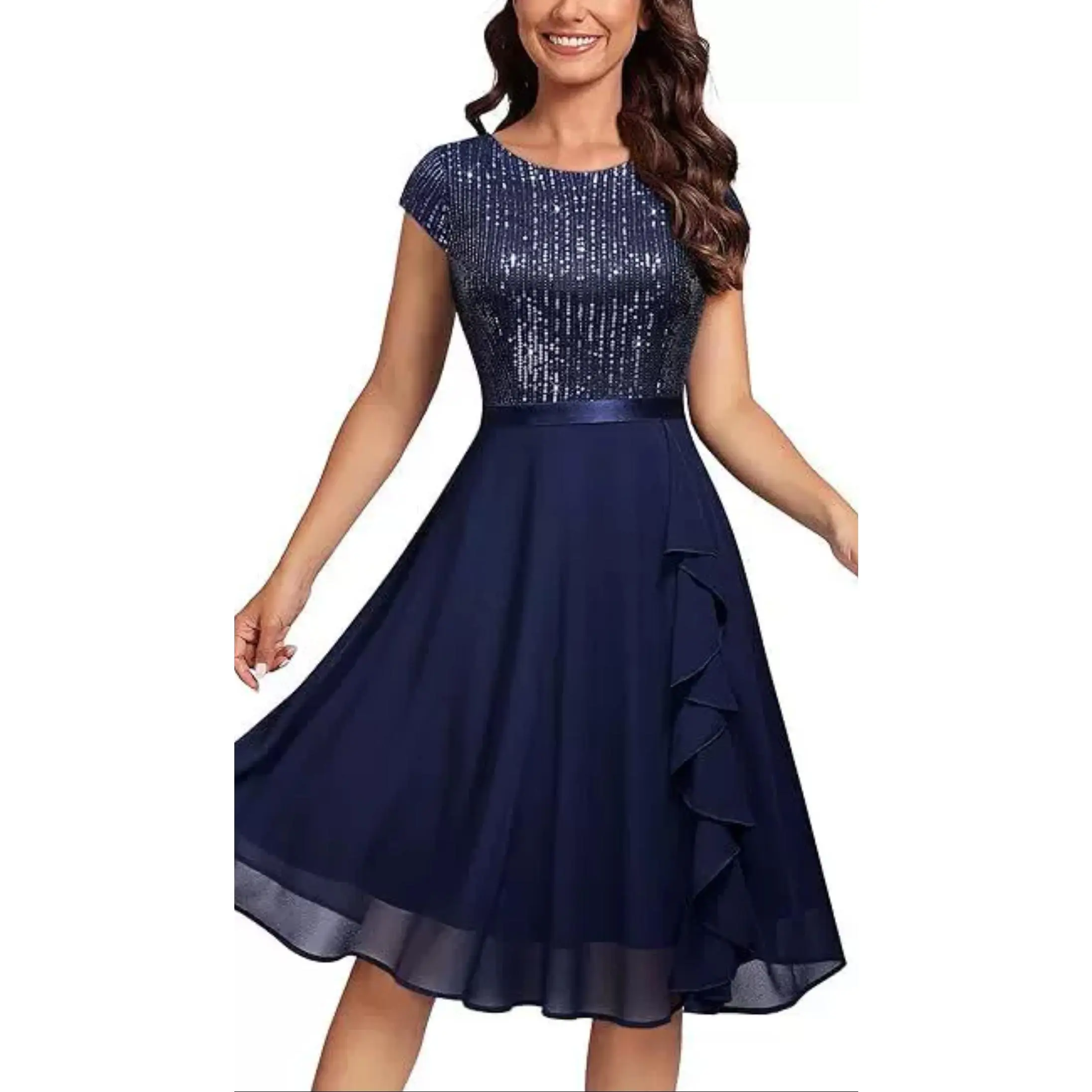 Women's Plus Size Chic Woven Peplum Dress - Solid Polyester Formal Gown, Contrast Sequin Sleeves, Elastane Blend, Crew Neck, Hand Wash Only, 2XL