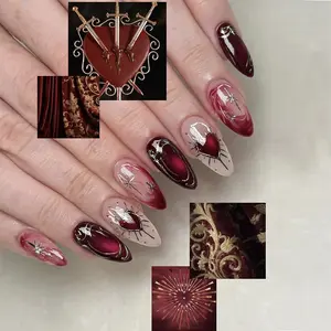Change Your Nails, 24pcs Wine Gradient Press-On Nails, Almond Fake Nails, Heart Thorn Almond Design, Jelly Glue & Nail File Included, Perfect for Holidays, Thorny Heart Design