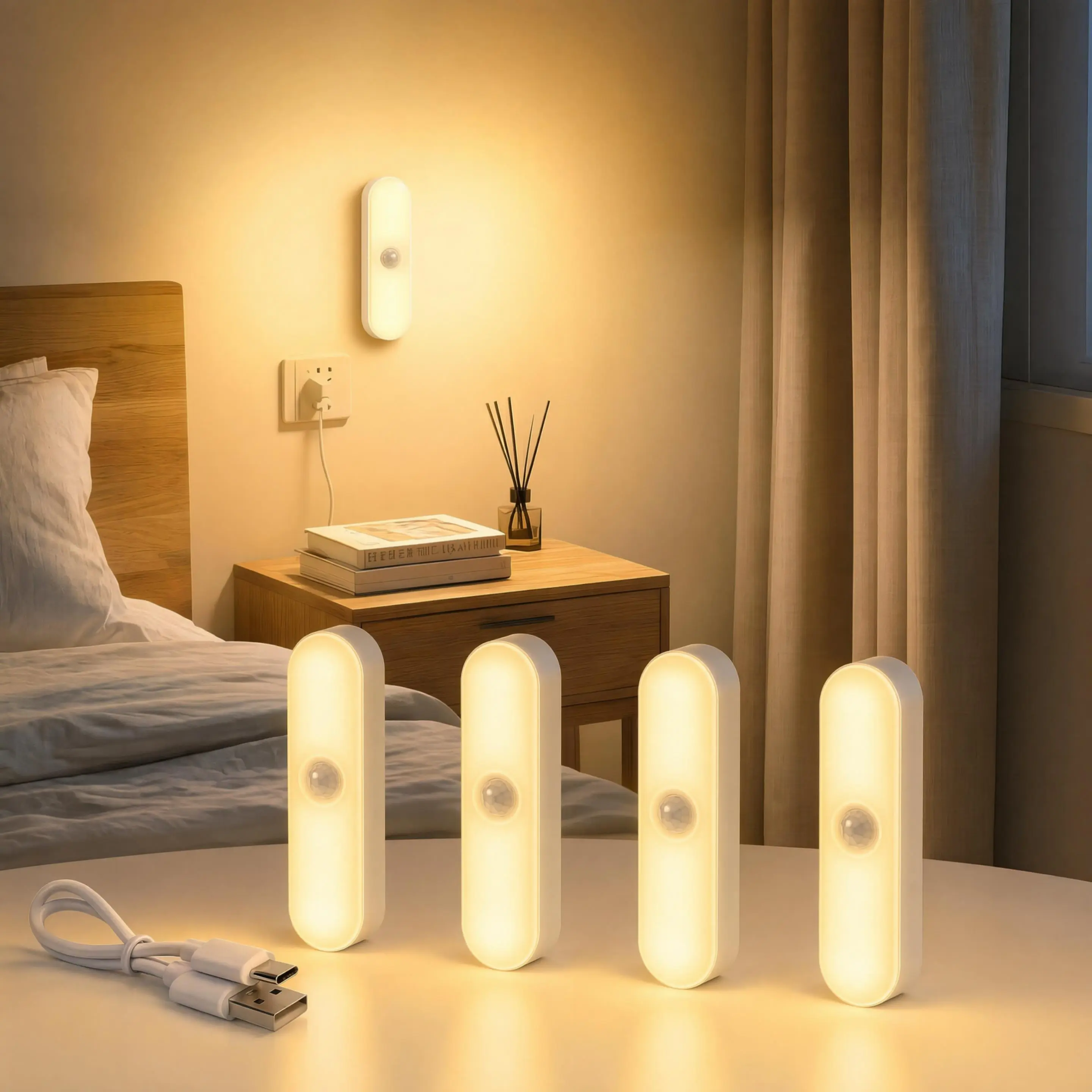 Motion-sensing night light, soft warm white LED night light, with dusk to dawn sensor, suitable for bedrooms, bathrooms, kitchens, hallways, and staircases. 2/4 packs. Magnetic Portable