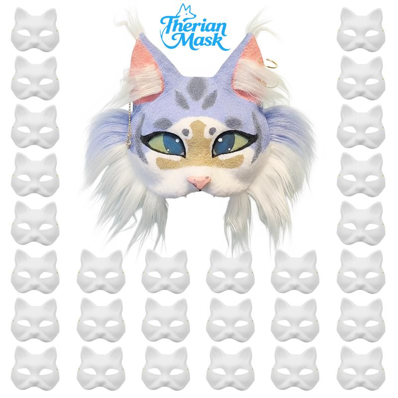 30 PCS Blank Therian Mask DIY Kit White Therian Animal Masks to Paint 7.1X6.7in Comfortable Lightweight Paper Adjustable Elastic Bands Colorful Gift for Halloween Party Cosplay & Craft Activities