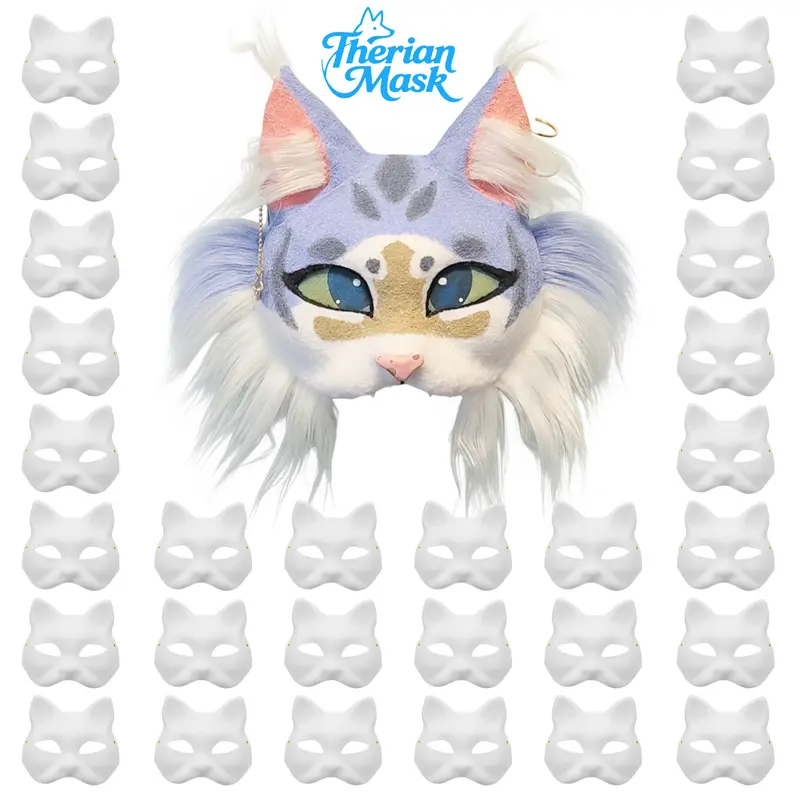 30 PCS Blank Therian Mask DIY Kit White Therian Animal Masks to Paint 7.1X6.7in Comfortable Lightweight Paper Adjustable Elastic Bands Colorful Gift for Halloween Party Cosplay & Craft Activities