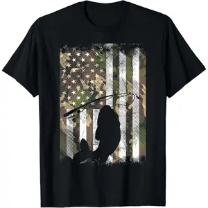 Cotton Short Sleeve Camo American Flag Fish Fishing Patriotic Fisherman Gift T-Shirt For Men Women