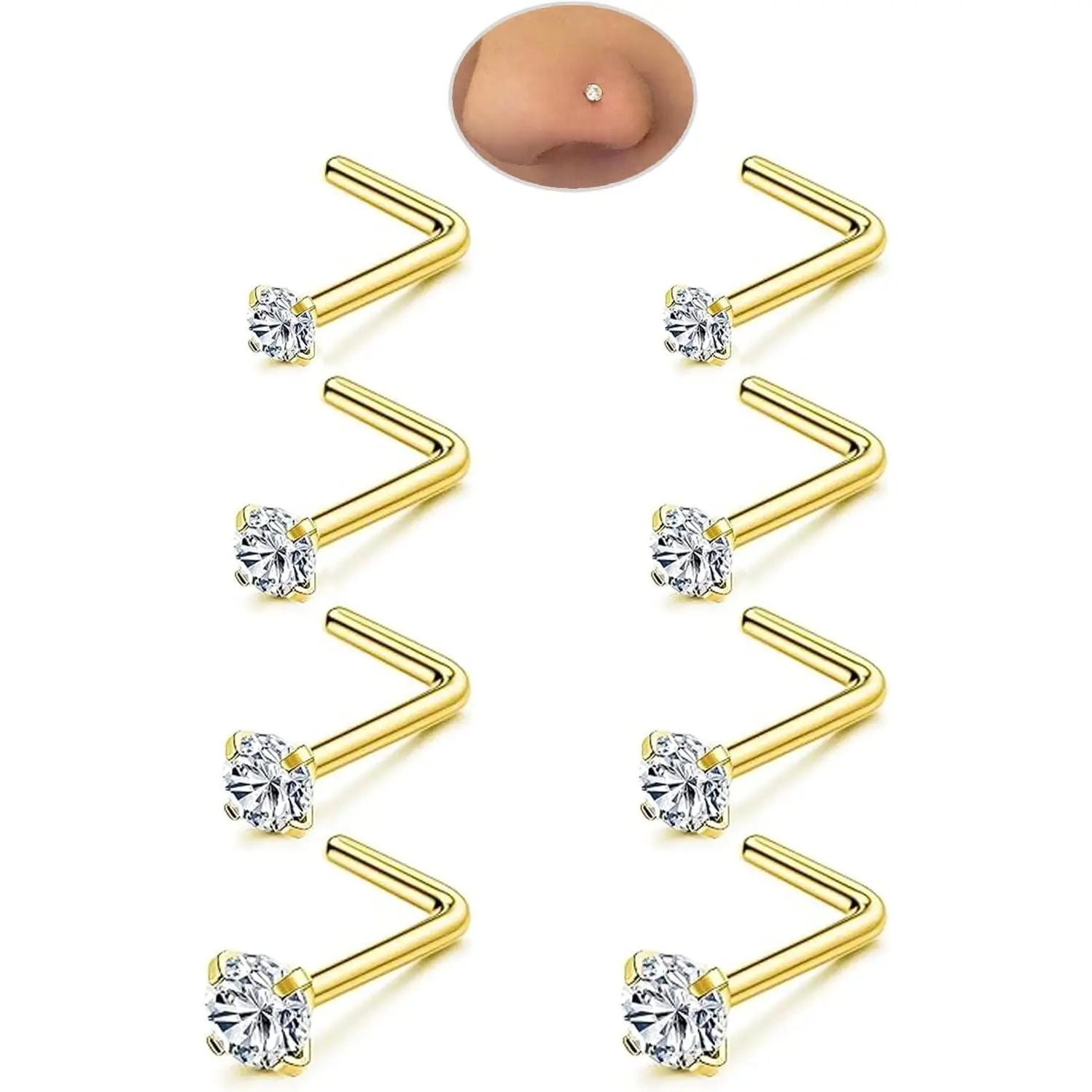 8Pcs 18G 20G 22G Nose Rings Studs Set for Women Men - Hypoallergenic Gold/Silver 316L Surgical Stainless Steel Nose Studs L Shaped Corkscrew Body Piercing Jewelry for Nose Earring Studs CZ 1.5-3mm