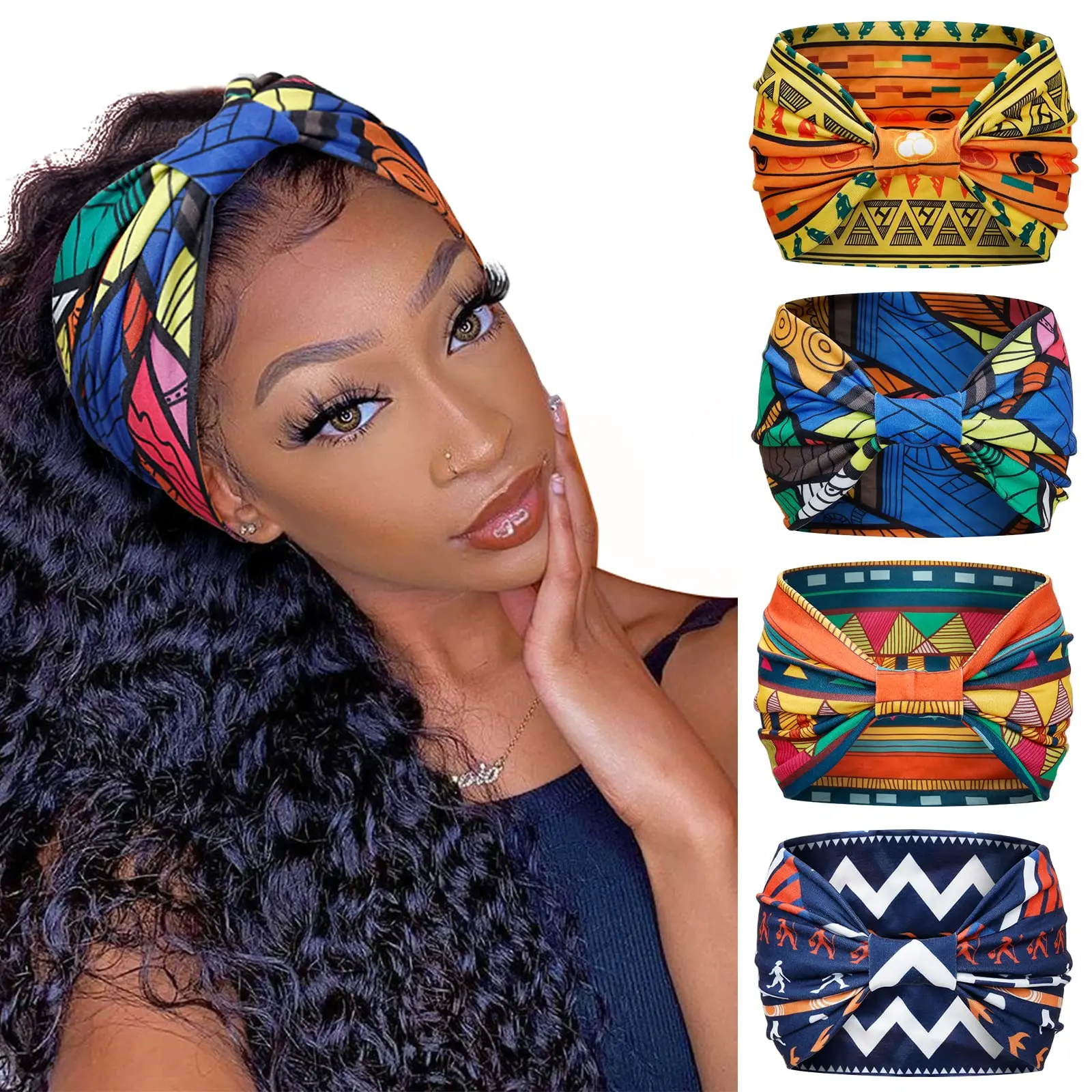 4 Pack Wide Headbands for Women,Boho Workout Head Bands for Women's Hair,African Knotted Non Slip Headwrap Turban Set,Sport Yoga Girls Bandeau Hair Accessories,Father's Day Gift,Summervibes