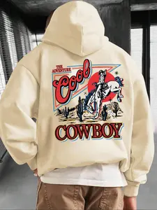 Men's Regular Fit Cowboy & Letter Print Drop Shoulder Hoodie, Casual Drawstring Pocket Hooded Sweatshirt for Fall & Winter, Men's Top for Daily Wear