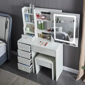 Vanity Dressing Table Makeup Desk with 6 Drawers, Vanity Desk with Mirror and Dimmable LED Strip Makeup Stool