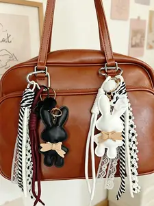 Cute Duck Bag Charm Keychain with Pearl Bow & Tulip Flower, Handmade PU Leather Duck Pendant with Heart Carabiner, Aesthetic Sweet Floral Bag Accessory for Tote/Backpack/Purse, Kawaii Gift for Teen Girls & Women