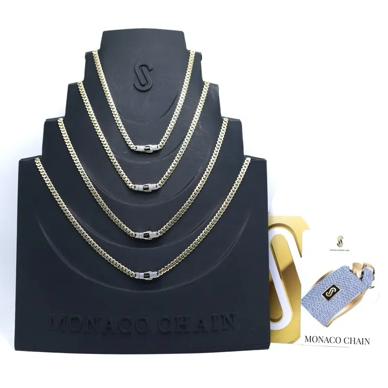 10KT Gold Monaco Chain 4MM Necklace - Pave Lock Certified Unisex Wear