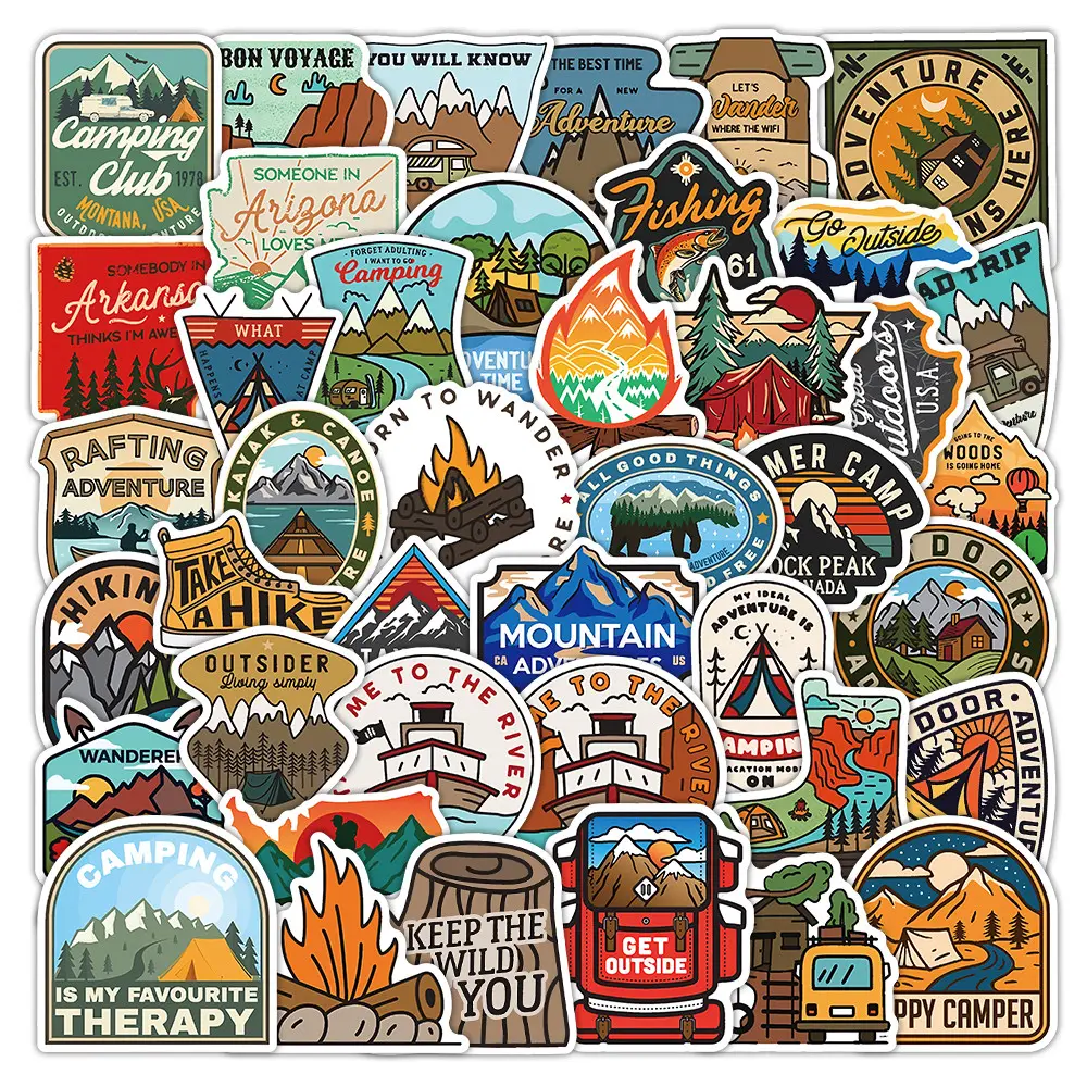 50Pcs Wild Outdoor Camping Adventure Waterproof Stickers Nature Travel Decals For Luggage Laptop Skateboard Sticker Set