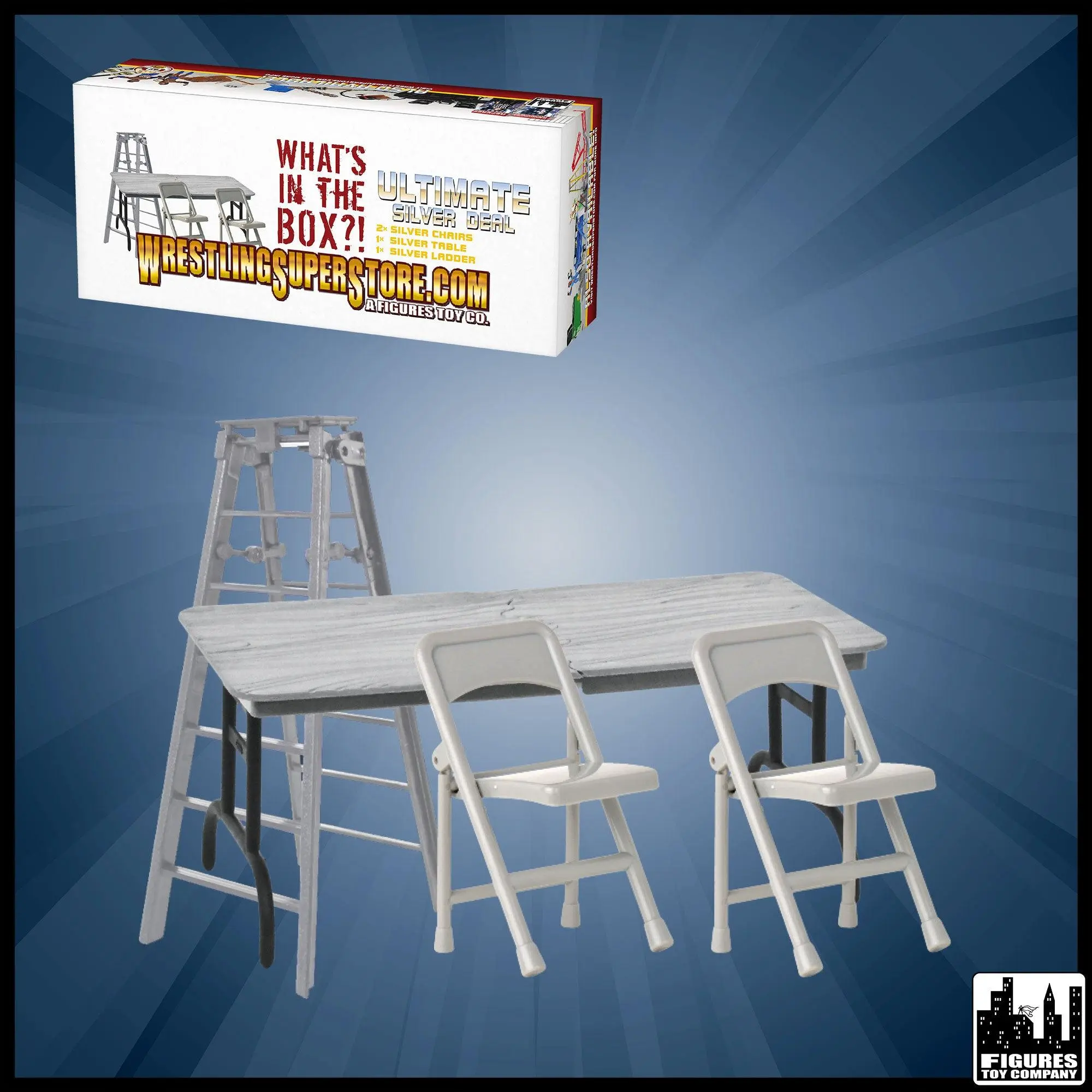 ULTIMATE Ladder, Table & Chairs Silver Playset for WWE & AEW Wrestling Action Figures