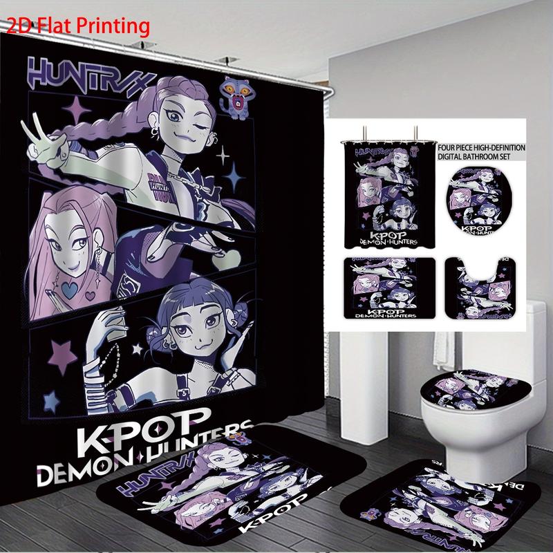 4pcs K-POP Demon Hunters Bathroom Set, Shower Curtain Sets, Shower Curtain with Hooks, Non-Slip Bath Rug, U-Shaped Toilet Mat, Toilet Lid Cover, Bathroom Decoration Accessories