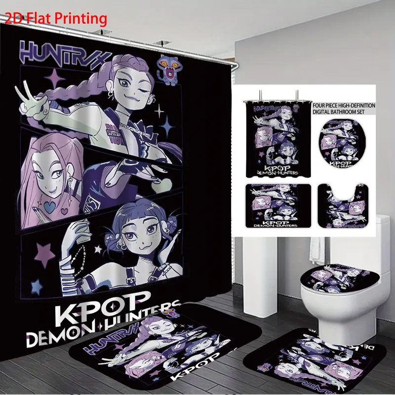 4pcs K-POP Demon Hunters Bathroom Set, Shower Curtain Sets, Shower Curtain with Hooks, Non-Slip Bath Rug, U-Shaped Toilet Mat, Toilet Lid Cover, Bathroom Decoration Accessories