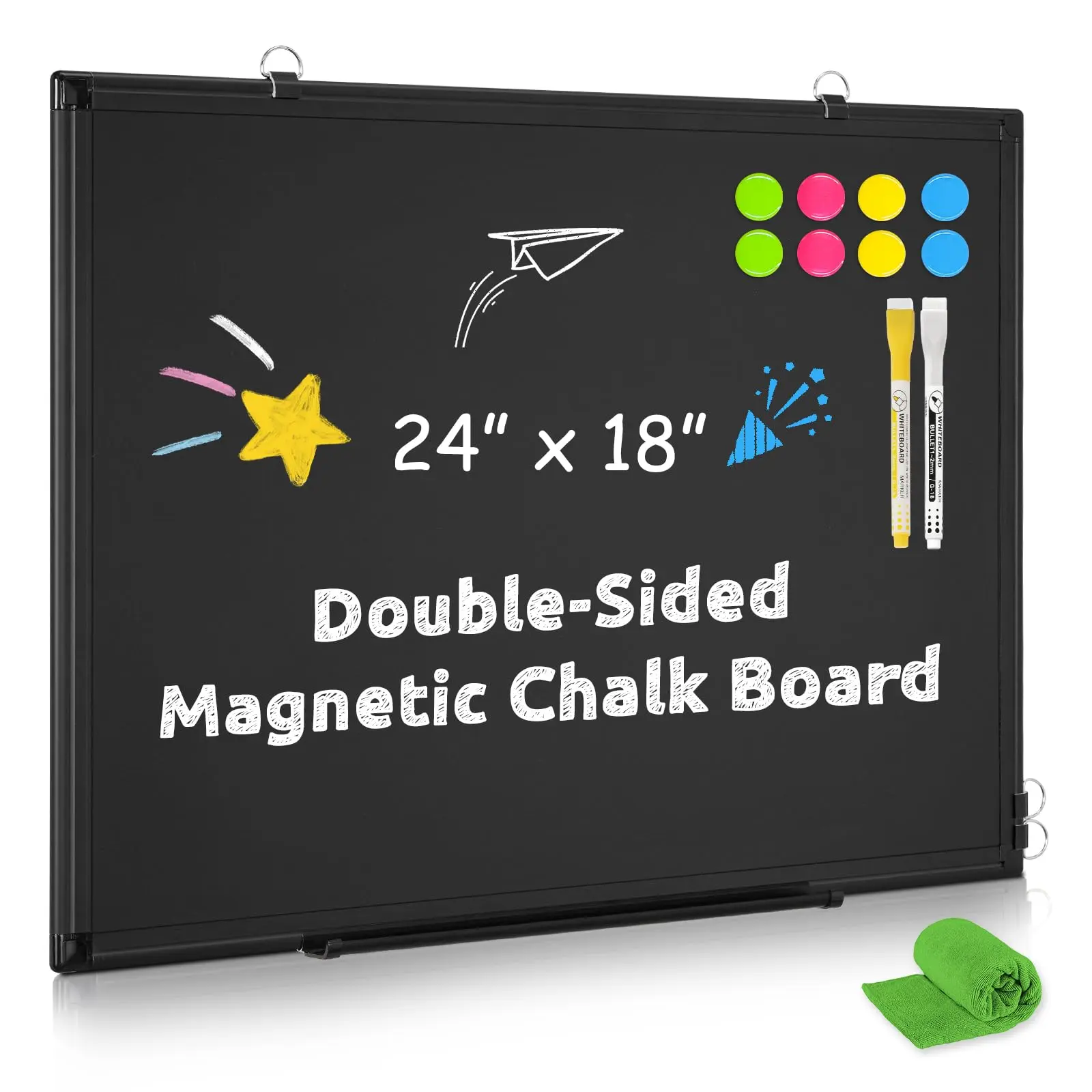 Magnetic Chalk Board  24"x18" Black Chalkboard Double-sided Dry Erase Blackboard For Wall Framed Small Home School Office Kitchen