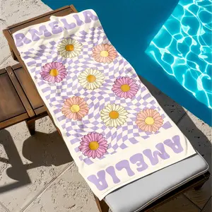 Custom Daisy Grid Name Beach Towel, Personalized Monogram Pool Towel, Signature Beach Towel For Kids, Vacation Gift, Picnic Towel