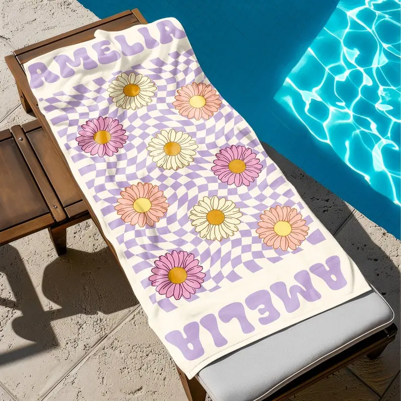 Custom Daisy Grid Name Beach Towel, Personalized Monogram Pool Towel, Signature Beach Towel For Kids, Vacation Gift, Picnic Towel