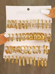 48-Piece Elegant Hollow Flower and Heart Earrings Set, Stylish Irregular Square C Shape Twisted Hoop Earrings for Women, Versatile Everyday Jewelry Gift（No box）