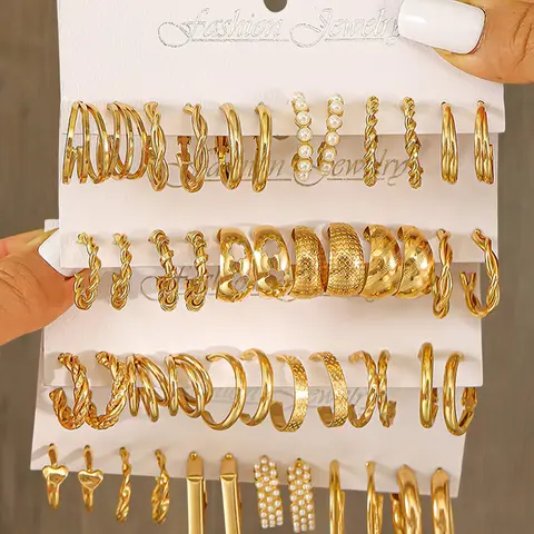48-Piece Elegant Hollow Flower and Heart Earrings Set, Classy Stylish Edgy Irregular Square C Shape Twisted Hoop Earrings for Women, Versatile Everyday Fashion Jewelry Gift for (No Box)