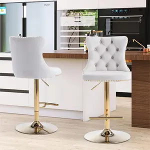 Velvet Bar Stool Adjustable Swivel with Metal Leg, Button Tufted, Footrest, Counter Height Chair for Kitchen, Bar, Dining Room