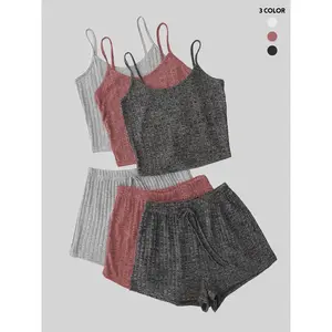 Women's Plain Knitted Stretchy Crop Cami Top & Tie Front Shorts Set, Summer Clothes, Casual Camisole & Shorts Set for Summer, Women's Clothes