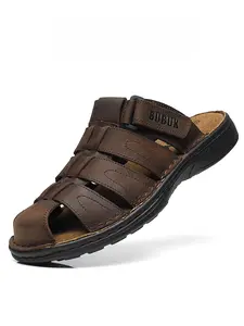 Men's Fashion Leather Slippers, Summer Open Toe Outdoor Anti-Slip Sports Sandals, Casual Beach Shoes, Walking Shoes, Lightweight Comfortable, Unisex for Hiking Travel Work, Footwear